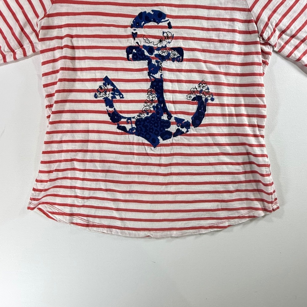 Boden Floral Nautical Anchor Stripe Shirt Womens 12 Red White Coastal Preppy - Picture 3 of 12